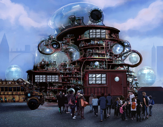 our final image of the outside of the mad science musem. Steampunk style image, but modified to be during the day, with a crowd out front waiting to get inside.